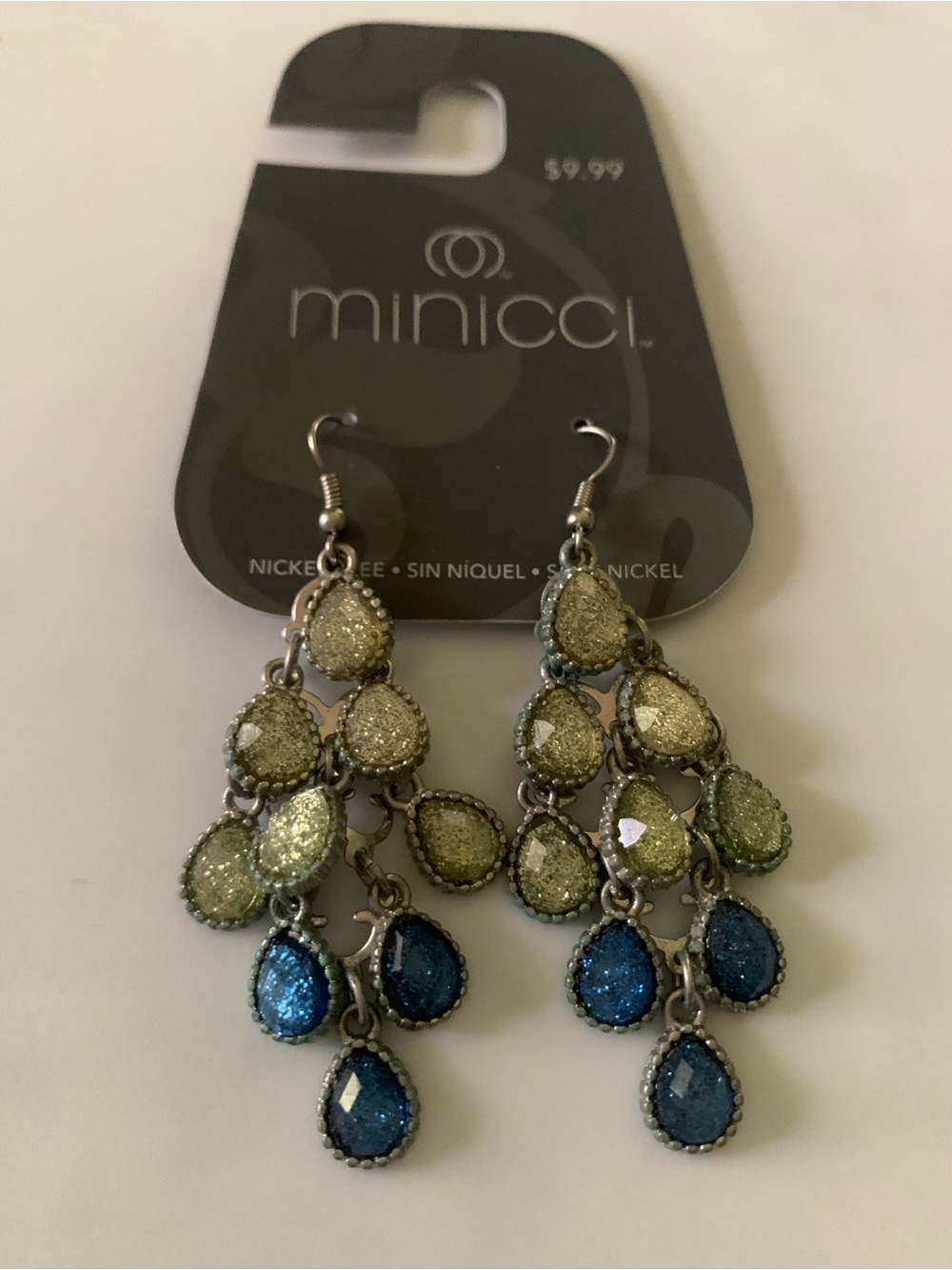 Minicci Olive Green and Teal Blue Glitter Teardrop Chandelier Earrings